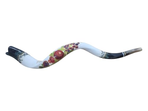 Hand Painted Kudu Shofar Jewish Gift 7 Seven Species Shofar Large Yemenite for Rosh Hashanah Judaica Art Decor