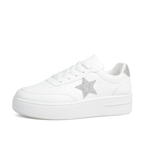 ZIXCPLAZ Y2K Star Sneakers for Women Lace Up White Casual Shoes for Spring PU Leather Trendy Platform Versatile Fashion Student Style Large Size Streetwear (6,Silver)