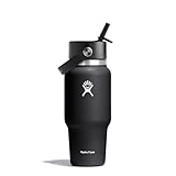 Hydro Flask – Wide Flex Straw Travel Bottle 710ml (24 oz) – Leakproof, Insulated, Cupholder Compatible – Keeps Drinks Cold 24 Hrs – Flex Straw Cap – Black