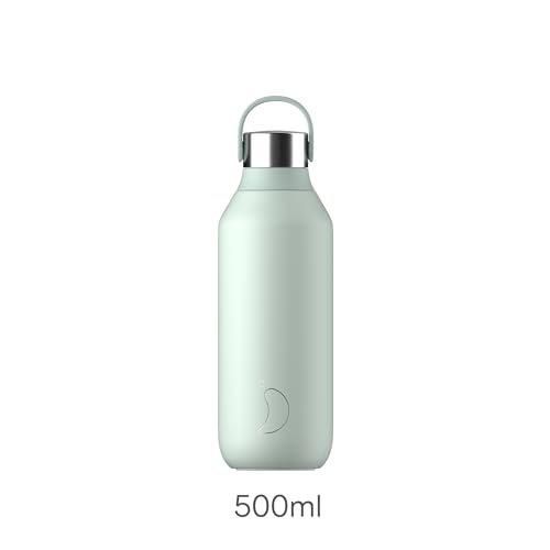 Chilly's Series 2 Water Bottle - Vacuum Insulated Stainless Steel Water Bottle with Soft Collar & Carry Loop, Thermal Flask For Hot & Cold Drinks - Leak Proof, No Sweat - Lichen Green, 500ml