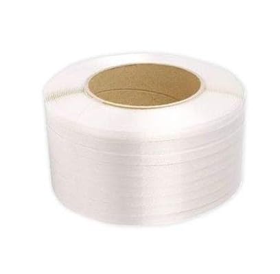 Bobina di reggetta in polipropilene, colore bianco, goffrata, larghezza 12 mm, spessore 0,6 mm e diametro 200 mm