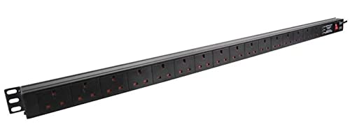 Dynamode 16 Way Rackmount PDU Power Distribution Unit, 13A UK 3-Pin Multi Plug, Surge Protection, 19-Inch Vertical Extension Lead for Server Cabinet & Office