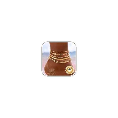 Morfetto 5 Stück Fußkettchen für Damen Wasserfest Gold/Silber - 14K Vergoldet Edelstahl Verstellbarer Fußkette Tennis Figaro Ketten Fussketten für Frauen Strand Sommer Schmuck AG