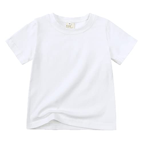 Mjjsk Camisetas de verano para niñas, elegantes, suaves, transpirables, ligeras, lisas, de manga corta, básicas, informales, para niños, blanco, 3-4 años