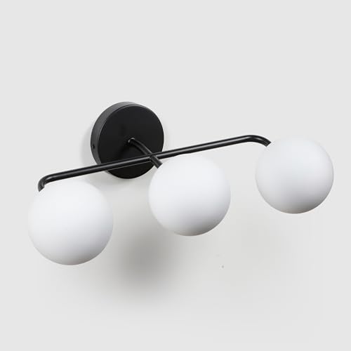 Image of 3-Light Black Bathroom Vanity Light - Matte Black Modern Wall Sconce with Frosted Glass Globes for Mirror, Sink, Bedroom, Hallway, Kitchen - G9 Bulbs Not Included