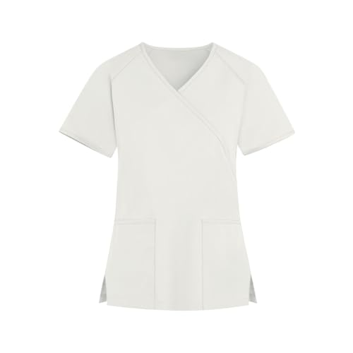 Image of FONMA Scrub Tops Women Plus Size Stretchy V-Neck Scrub Shirts with 4 Pockets Breathable Short Sleeve Nurse Uniforms