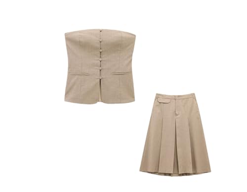 Generic - Ensemble jupe midi à carreaux pour femme - Haut court enveloppant la poitrine - Jupe deux pièces, Set, S