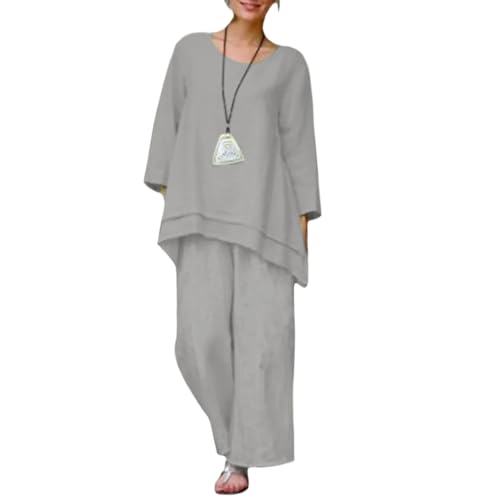 Womens 2 Piece Cotton Linen Pants Suits Crewneck Loose Long Sleeve Tops Plus Size Wide Leg Linen Pants Set