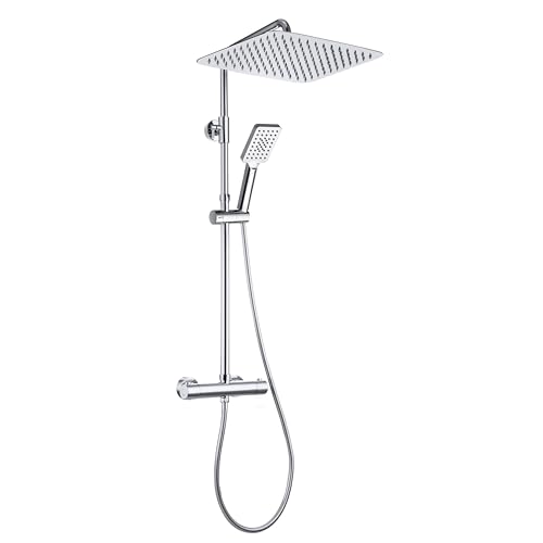Görbach Columna Ducha con Termostático Grifo Set Ducha Acero INOX 304 con Mezclador Termostático, Sistema Ducha con Ducha Mano y Rund Lluvia Cromado 35 * 25cm