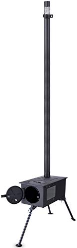 薪ストーブ 【Forrest Paint社製耐熱塗料•耐熱ガラス】 コンパクト キャンプ テント用 【延長 煙突】スパークアレスター付き 焚き火台 BBQ 収納袋付き 改良 料理ができる