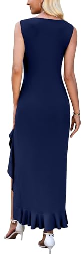 WEACZZY Womens V Neck Sleeveless Backless Casual Flowing Wedding Guest Dress Maxi Dress Elegant Party Club Long Dress,Navy Blue,S — view 4