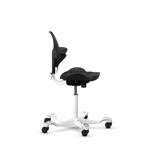 Image of HAG Capisco Puls Sit-Stand-White Base-Black Frame-Black Vinyl Pad