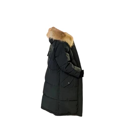 Dam Puffer lös varm vinter bomull koreansk snökläder vadderad fuskpäls krage långa jackor med huva, Svart, M