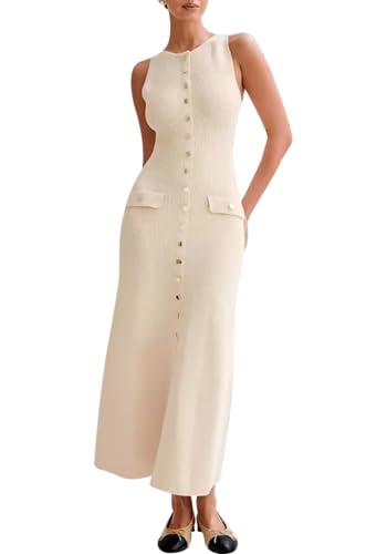 Image of Famnbro Womens Elegant Dress Knit Sleeveless 2025 Summer Button Bodycon Office Work Business Casual Dresses