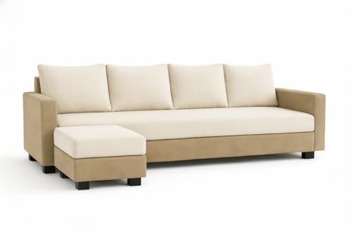 Image of SOCOZI Braven 5 Seater L Shape Sofa Set with Movable Ottoman | Flexible Layout | Soft Velvet Suede Fabric | Modern Design | Plush Comfort Cushions for Living Room (Beige-Cream)