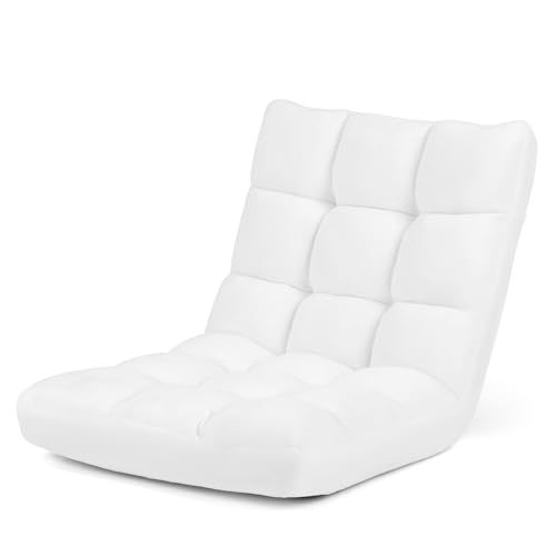 Image of COSTWAY Floor Chair, Video Gaming Chairs with Back Support, Adjustable 14-Position, Alloy Steel Frame, Soft Coral Fleece, Lazy Sofa Lounge for Reading Living Room Recliner for Adults Kids (White)