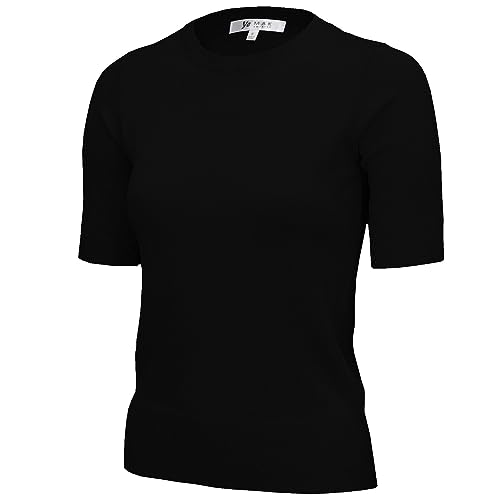 YEMAK Women's Knit Sweater Top – Half Sleeve Crewneck Basic Casual Classic Fit Lightweight Knitted Soft Pullover Tee