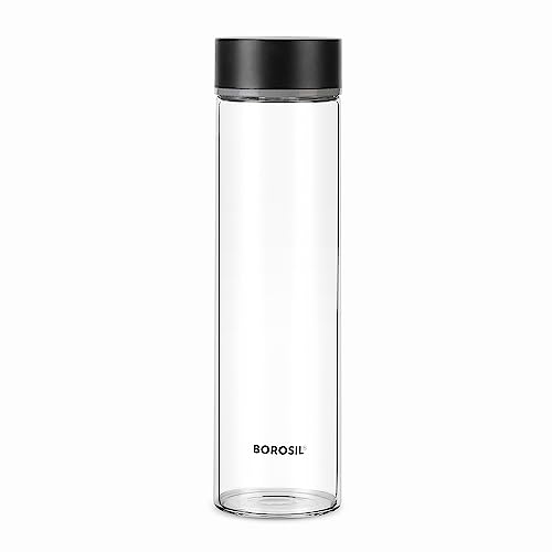 Borosil 550ml Neo Water Bottle | Borosilicate Glass Wide Mouth Bottle for Fridge | Extreme Temperature Resistant For Hot & Cold Water, Milk, Lassi, Juice (Black Steel Lid)