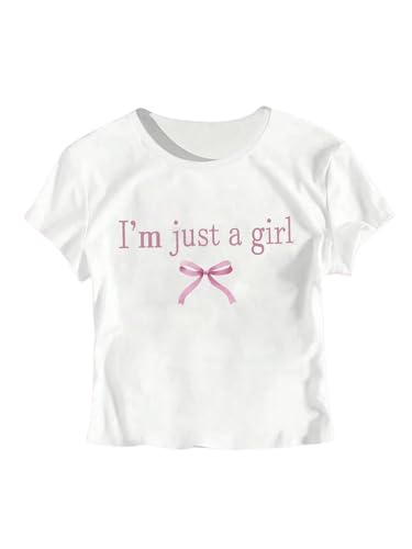 Girl's Graphic Tee Crew Neck Letter Bow Print Crop Tops Casual Cute Short Sleeve T Shirt