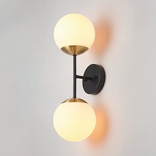 Image of Globe Electric 52079 2-Light Wall Sconce, Matte Black, Antique Brass Accent Socket, Matte Opal Glass Shades, Modern Light for Living Room or Bedroom, Dimmer Switch Compatible, E26 Base