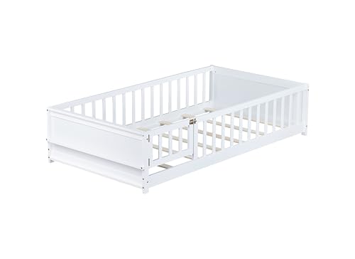 Image of Bellemave Twin Size Kids Montessori Floor Bed with Door,Twin Floor Bed Frame with Slats and Bookcase,Solid Wood Montessori Bed for Girls Boys,White
