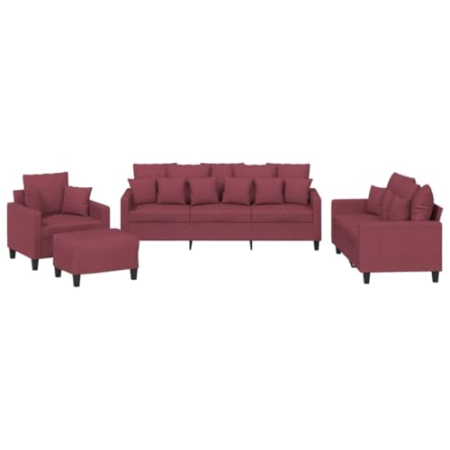 vidaXL Sofagarnitur 4-TLG., Sessel Couch mit Kissen Fußhocker, Sofa Wohnzimmersofa mit Armlehnen, Couchgarnitur Designsofa Sitzmöbel Polstermöbel, Weinrot Stoff