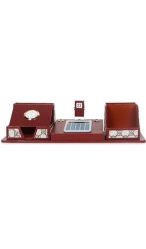 Image of LUVYANSH Leather Multipurpose Desk Organizer Pen Stand and Mobile Holder With Calculator,Watch and date For Office Table Top Desktop (15x6 Inches) (Brown) colour