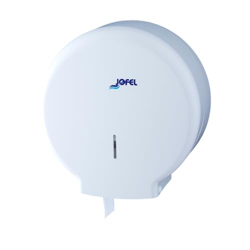 Jofel - Mittelgroßer industrieller Toilettenpapierhalter, Toilettenpapierrollenspender bis zu 300m, max. 220mm Durchmesser, 45mm Spannfutter, ideal für öffentliche Toiletten, Azur AE51000, ABS Weiß