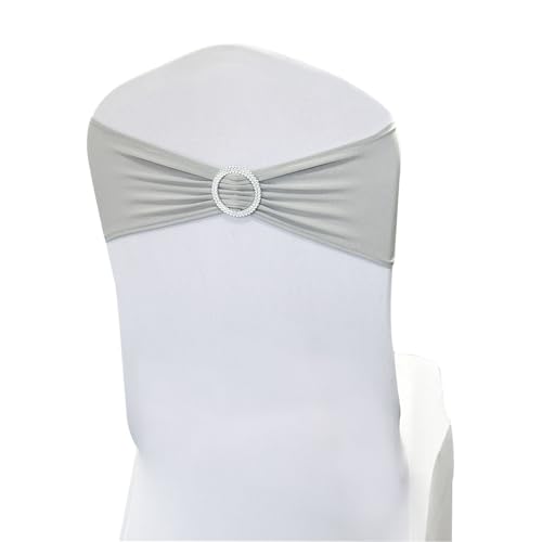 Image of Spandex Chair Sashes Bands, Silver, 50PCS | Stretch Chair Ties Bows, With Buckle Slider, For Wedding Party Banquet Decoration