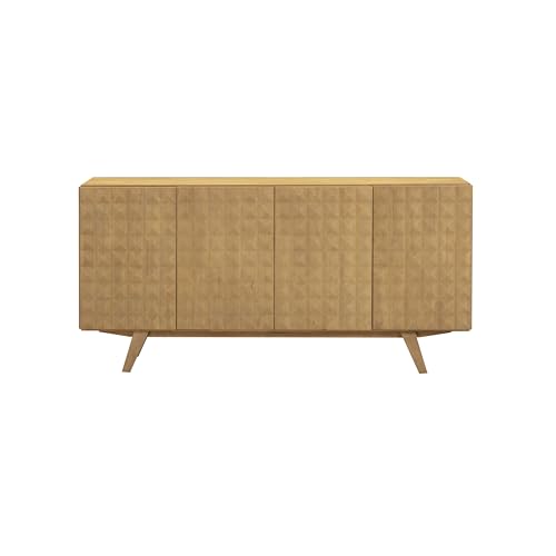 Image of Sapa Mid-Century Modern Solid Wood Sideboard - 4-Door Accent Buffet Cabinet with Carved Geometric Fronts, for Living Room, or Entryway, Effortless Assembly, Sand