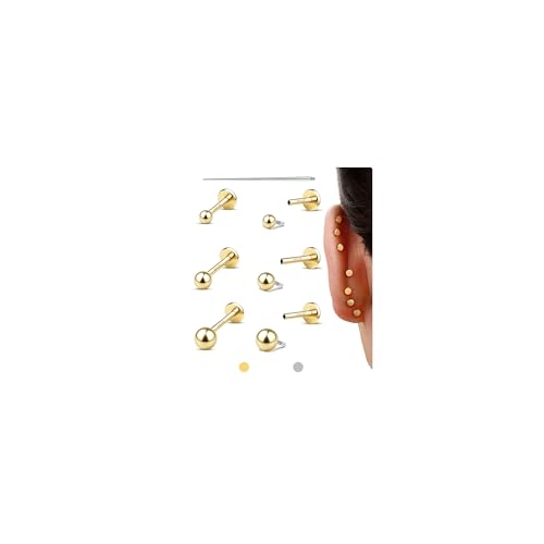 Flat Back Earrings Studs : 14K Gold Filled Titanium Surgical Steel Stud Earring Hypoallergenic for Women Men 18G Cartilage Helix Tragus Conch Piercing Jewelry Dainty Ball Earrings Set