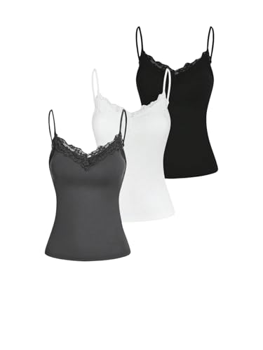 SOLY HUX Women's Camisole Tops with Built in Bra 3 Packs Lace Trim Spaghetti Strap Cami Tank Top