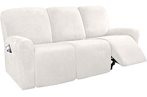 8 piezas de funda reclinable con bolsillo lateral de terciopelo elástico reclinable de tela suave para 3 plazas cubierta reclinable (blanco) Cover