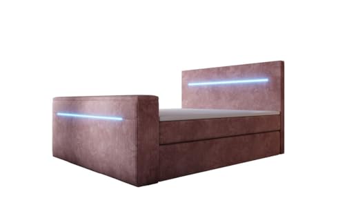 Luxusbetten24 Boxspringbett Sejour 180x200 mit TV-Lift, RGB-Beleuchtung und Stauraum | Bezug: Cord | Farbe: Rosé | Härtegrad: H2 (bis 70kg)