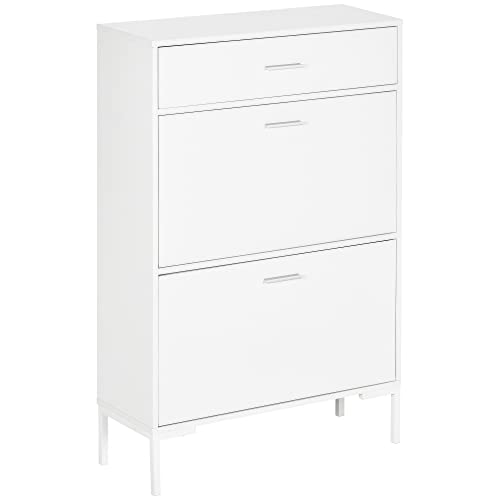 HOMCOM Meuble à Chaussures 12 Paires, Style Moderne, Armoire à Chaussures étroite avec 2 tiroirs rabattables, 1 tiroir, étagères Ajustables, pour entrée...