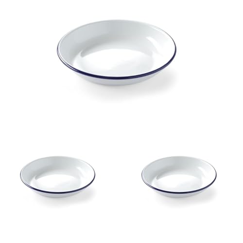 HENDI Assiette en acier émaillé blanc, avec bord bleu, récipient, plat rond, assiette creuse, ø240x(H) 40mm (Lot de 3)