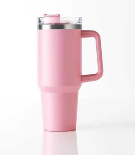 Image of Double Wall Insulated Stainless Steel Tumbler with Handle 1200ml | Travel Mug with Steel Straw| Hot & Cold Beverage Flask | Easy Carry Home, Office, Gym (Light Pink)