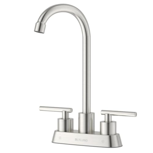 Image of Commercial Bar Sink Faucet 4 Inch Center Deck Mount, Stainless Steel High Arch 2 Hole Utility Sink Faucets with Dual Lever Handles for Laundry Campers (Brushed Nickel)