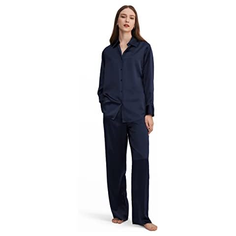 LilySilk Silk Pyjama Set for Women 22 Momme Silk Comfy Ladies Sleepwear Loungewear Button Down Lightweight 2 Piece PJ Set(NAVY BLUE,XXL) Cover