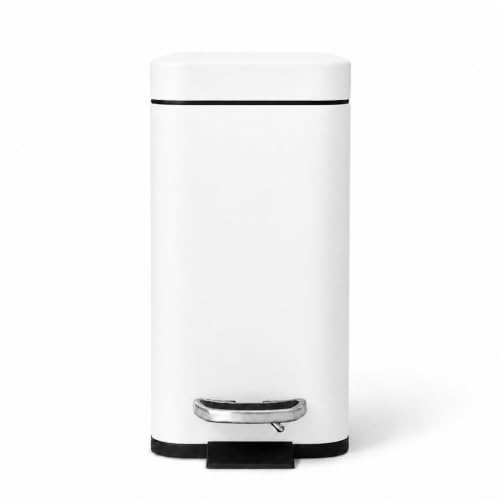 Image of Home Zone Living 1.3 Gallon Small Bathroom Trash Can with Lid and Step Pedal, Stainless Steel Wastebasket with Slim Design for Home and Office, Matte White, 5 Liters