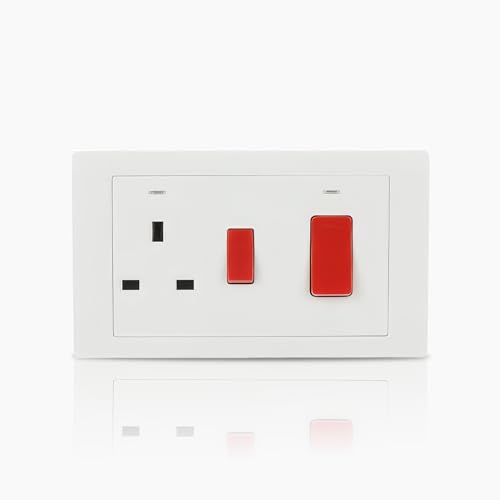 ABB Inora 1 Gang Switched 13A Plug Socket With 45A Cooker Switch • LED On Indicator • Double Pole • White • Red Rockers • Safe, Reliable, and Functional