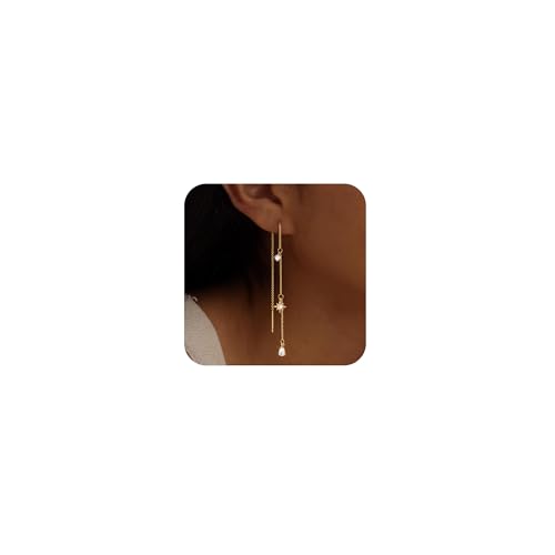 CHESKY Gold Dangle Earrings for Women Trendy, Dangling Dangly Long Hanging Chain Earrings Drop Piercing Threader Earrings Fashion Accessories Simple Cubic Zirconia Gold Prom Jewelry for Womens Gifts