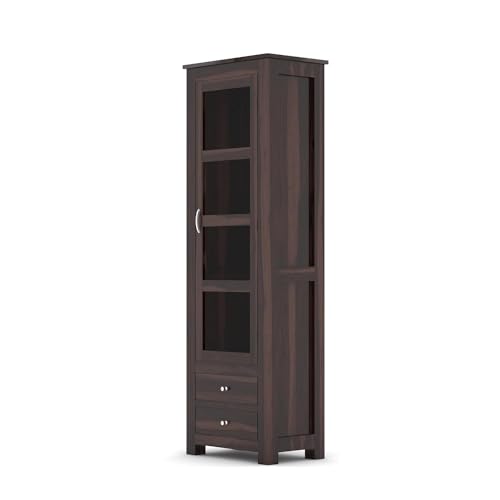 Image of Wood Book Shelf with Glass Door, Wooden Book Rack for Home Library, Kitchen Crockery Cabinet, Wooden Almirah, Bookcases, Book Shelf Storage 2 Drawers, Home Furniture, Walnut Finish