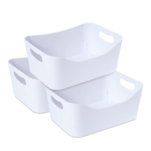 MATICAN Plastic Storage Bins with Handles, 3-Pack Small Pantry Storage Bins, Organizer Baskets for Kitchen, Bathroom, Bedroom, White, 9.6 x 6.6 x 4.1 Inches