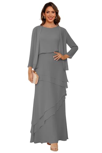 Women’s 2 Pieces Chiffon Mother of The Bride Dress with Long Sleeve Jacket Long Formal Dress with Ruffles LN18