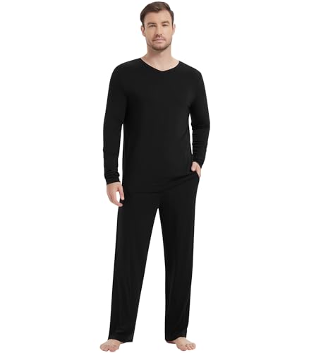 Image of NACHILA Pajamas for Men-Viscose Made from Bamboo, Long Sleeve Pajamas Set Comfy Sleepwear Pants Soft V Neck Pjs with Pockets