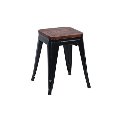THINIA HOME Taburete Bajo Industrial Apilable de Acero y Madera 38x38x46cm