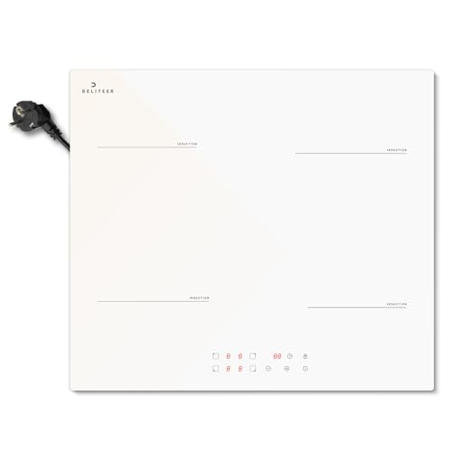DELITEER Plaque à Induction Blanc 4 Feux avec Prise, Plaque de Cuisson Encastrable 60CM, 3500W, Plaque en Verre Céramique Blanche, Commande Tactile,...