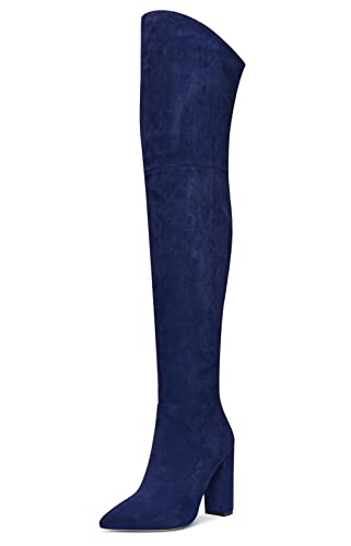 Aachcol Femmes au-dessus du Genou Bottes Bloc Chunky Haut High Talon Heel Pointu Bout Fermeture à Glissière 10 CM Bleu Marin Suède 42 EU