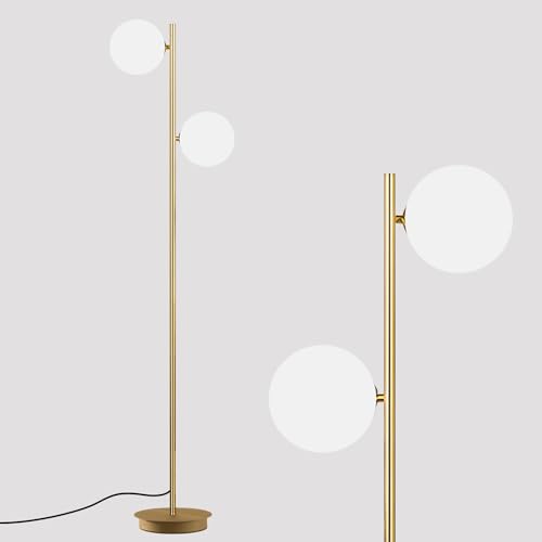 Image of 2 Light Mid Century Modern Floor Lamp for Living Room Retro Vintage Tall Standing Lamp with Frosted Glass Globe Shade Brass Floor Lamps for Office Hotel Bedroom